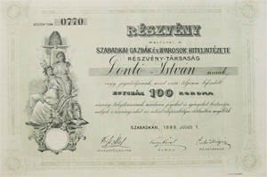 Szabadkai Gazdk s Iparosok Hitelintzete Rszvnytrsasg rszvny 100 korona 1899