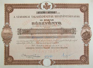 Szabadkai Takarkpnztr Rszvnytrsasg rszvny 10x100 1000 peng 1941