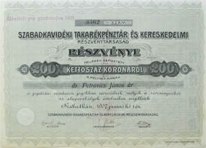 Szabadkavidki Takarkpnztr s Kereskedelmi Rszvnytrsasg rszvny 200 korona 1907