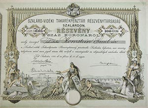 Szalrd-vidki Takarkpnztr Rszvnytrsasg rszvny 100 korona 1895 Szalrd