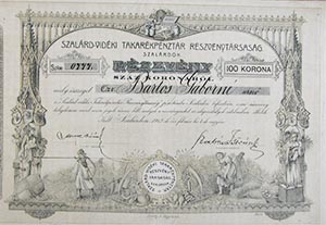 Szalrd-vidki Takarkpnztr Rszvnytrsasg rszvny 100 korona 1912