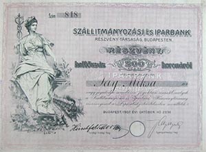 Szlltmnyozsi s Iparbank Rszvnytrsasg rszvny 200 korona 1907