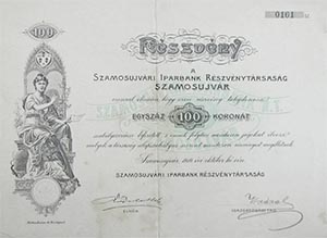 Szamosjvri Iparbank Rszvnytrsasg rszvny 100 korona 1910