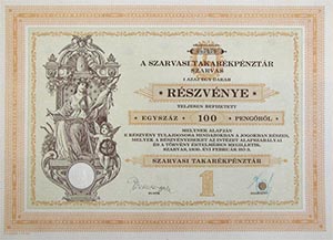 Szarvasi Takarkpnztr Rszvnytrsasg rszvny 100 peng 1930 Szarvas