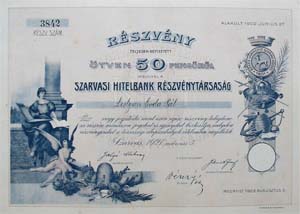 Szarvasi Hitelbank Rszvnytrsasg rszvny 50 peng 1927