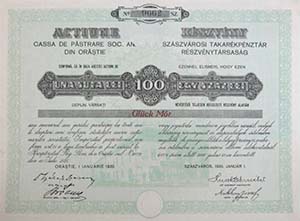 Szszvrosi Takarkpnztr Rszvnytrsasg rszvny 100 lei 1929 Szszvrosi