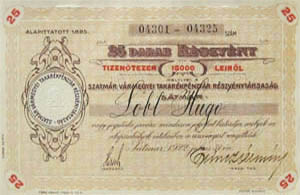 Szatmr Vrmegyei Takarkpnztr Rszvnytrsasg rszvny 25x600 lei 1922