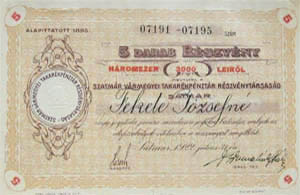 Szatmr Vrmegyei Takarkpnztr Rszvnytrsasg rszvny 5x600 lei 1922
