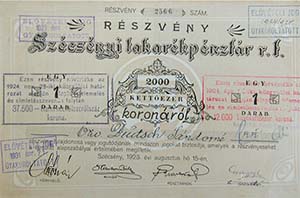 Szcsnyi Takarkpnztr Rszvnytrsasg rszvny 2000 korona 1923 Szcsny