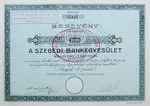 Szegedi Bankegyeslet Rszvnytrsasg rszvny 3000 korona 1923