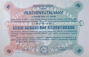 Szegedi Gazdasgi Bank Rszvnytrsasg rszvnyutalvny 10x500 korona 1924 Szeged