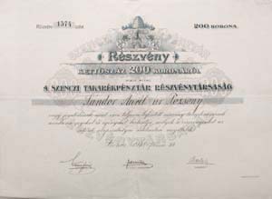 Szenczi Takarkpnztr Rszvnytrsasg rszvny 200 korona 1918
