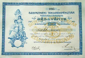 Szepetneki Takarkpnztr Rszvnytrsasg rszvny 100 korona 1911 Szepetnek