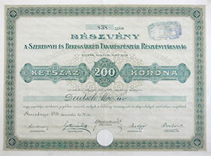 Szerednyei s Beregsrrti Takarkpnztr Rszvnytrsasg rszvny 200 korona 1911 Szerednye