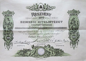 Szikszi Hitelintzet mint Rszvnytrsasg rszvny 100 korona 1892 Sziksz