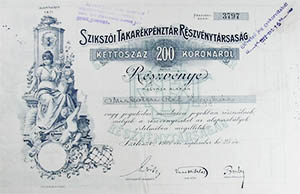 Szikszi Takarkpnztr Rszvnytrsasg rszvny 200 korona 1921 Sziksz