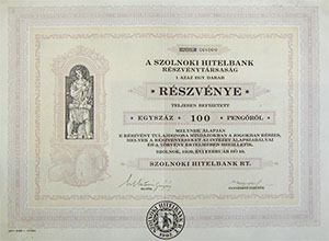 Szolnoki Hitelbank Rszvnytrsasg  rszvny 100 peng 1929 Szolnok