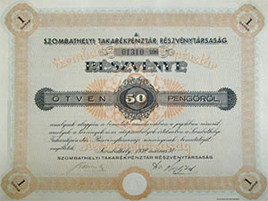 Szombathelyi Takarkpnztr Rszvnytrsasg rszvny 50 peng 1938