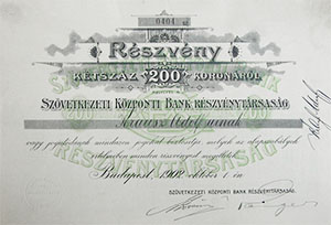 Szvetkezeti Kzponti Bank Rszvnytrsasg rszvny 200 korona 1902