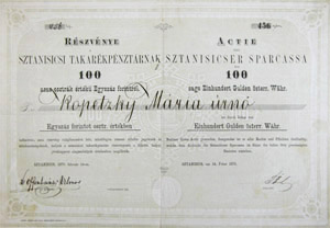 Sztanisicsi Takarkpnztr Rszvnytrsasg 100 forint 1875 Sztanisics