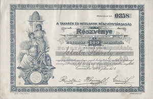 Takark- s Hitelbank Rszvnytrsasg Cservenka rszvny 100 korona 1908