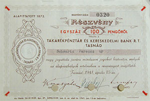 Takarkpnztr s Kereskedelmi Bank Rszvnytrsasg  rszvny 100 peng 1941 Tasnd