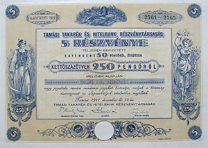 Tamsi Takark- s Hitelbank Rszvnytrsasg rszvny 5x50 250 peng 1941