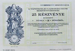 Tpiszelei Gazdasgi Bank Rszvnytrsasg rszvny 25x8 peng 1926