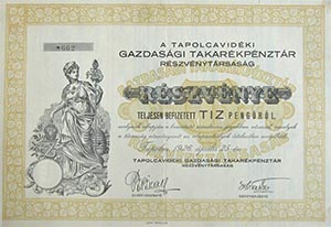 Tapolcavidki Gazdasgi Takarkpnztr Rszvnytrsasg rszvny 10 peng 1926 Tapolca