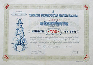 Tapolczai Takarkpnztr Rszvnytrsasg rszvny 25x30 750 peng 1927 Tapolca
