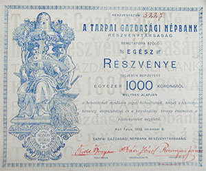 Tarpai Gazdasgi Npbank Rszvnytrsasg rszvny 1000 korona 1923