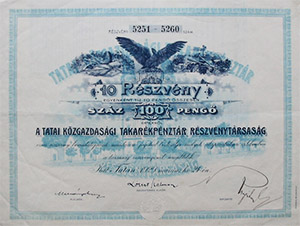 Tatai Kzgazdasgi Takarkpnztr Rszvnytrsasg rszvny 100 peng 1926