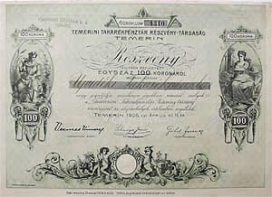 Temerini Takarkpnzr Rszvnytrsasg rszvny 100 korona 1908