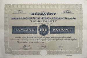 Temesvr-Jzsefvrosi Npbank Rszvnytrsasg rszvny 100 korona 1914