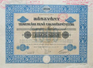 Temesvri Els Takarkpnztr Rszvnytrsasg rszvny 1000 korona 1910