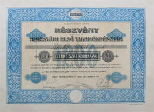 Temesvri Els Takarkpnztr Rszvnytrsasg rszvny 1200 korona 1920