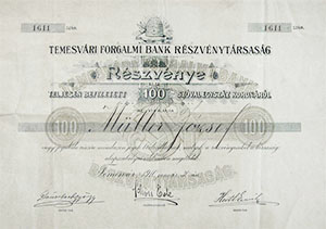 Temesvri Forgalmi Bank Rszvnytrsasg rszvny 100 korona 1910 Temesvr