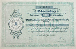 Tenkei Gazdasgi Takarkpnztr Rszvnytrsasg rszvny 500 korona 1920 Tenke