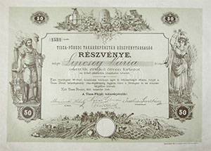 Tisza-fredi Takarkpnztr Rszvnytrsasg rszvny 50 forint 1895 Tiszafred