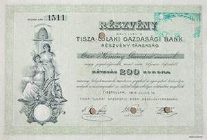 Tisza-ujlaki Gazdasgi Bank Rszvnytrsasg rszvny 200 korona 1911 Tiszaujlak