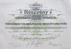 Tisza-fredi Takarkpnztr Rszvnytrsasg rszvny 400 korona 1924