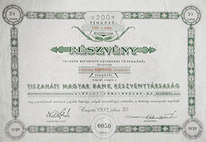 Tiszahti Magyar Bank Rszvnytrsasg rszvny 20x10 200 peng 1939 Ungvr
