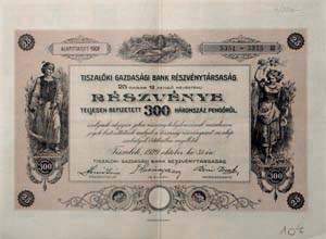 Tiszalki Gazdasgi Bank Rszvnytrsasg rszvny 25x12 300 peng 1929