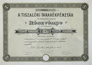 Tiszalki Takarkpnztr rszvny 15 peng 1926