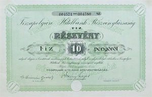 Tiszapolgri Hitelbank Rszvnytrsasg rszvny 10x10 100 peng 1927