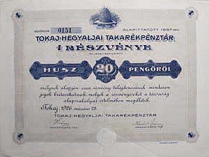 Tokaj-Hegyaljai Takarkpnztr Rszvnytrsasg rszvny 20 peng 1926