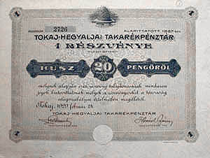 Tokaj-Hegyaljai Takarkpnztr Rszvnytrsasg rszvny 20 peng 1929