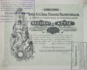 Trk A. s Trsa Bankhz Rszvnytrsasg rszvny 2000 korona 1906