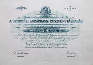 Torontli Agrrbank Rszvnytrsasg rszvny 200 korona 1918 Nagybecskerek