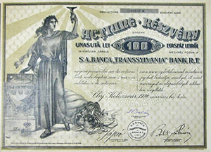 Transsylvania Bank Rszvnytrsasg rszvny 100 lei 1928 Kolozsvr